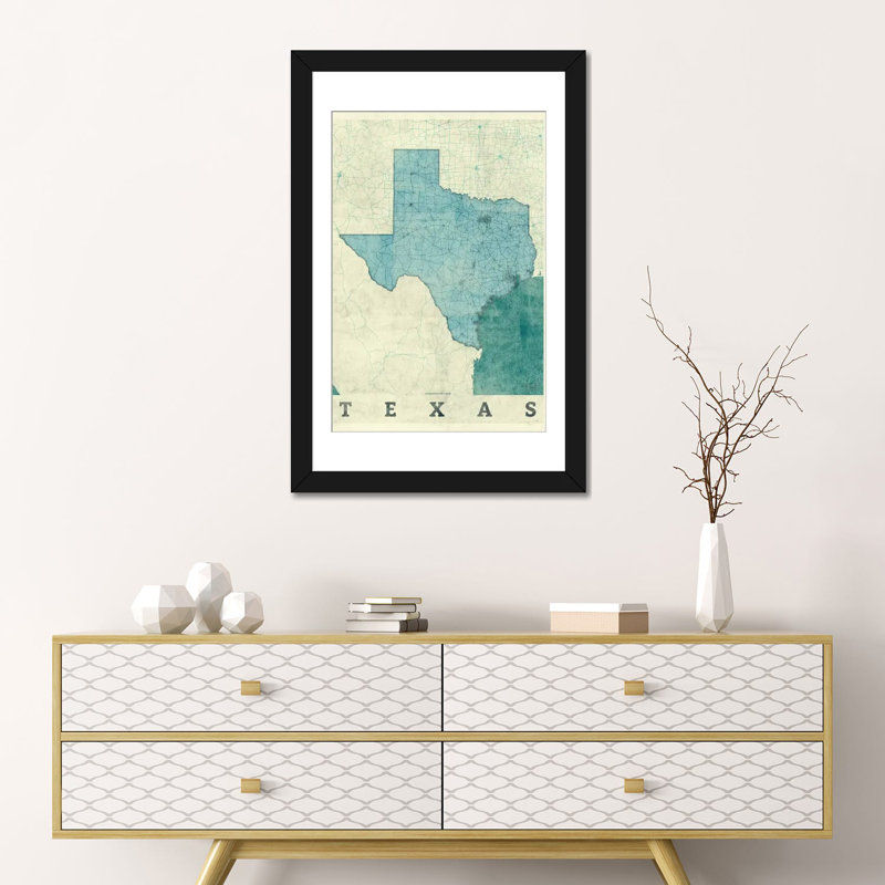 «Texas Map», impression sur toile, Papier d'art encadré noir, H 32 po x l 24 po x P 1 po, Blanc