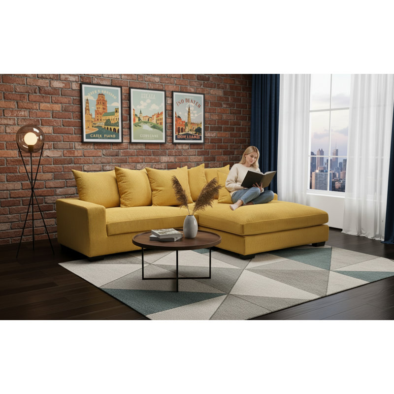 Corduroy L-Shaped Sectional, Right Hand Facing, Yellow Corduroy