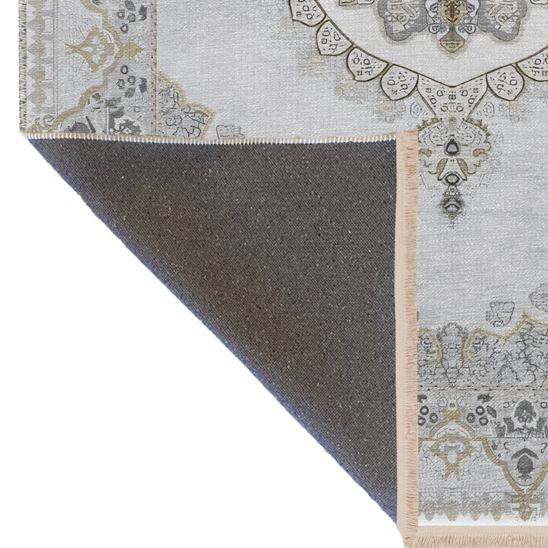 Tapis décoratif rétro à motif traditionnel beige et gris, Rectangle 4 pi 11,06 po x 7 pi 6,55 po