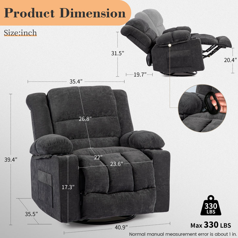 Fauteuil inclinable large et pivotant, Gris chenille