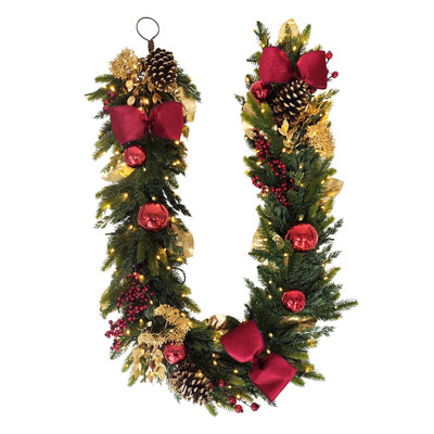 Guirlande de Noël artificielle décorée et pré-illuminée de 1,8 m avec nœuds rouges et accents dorés