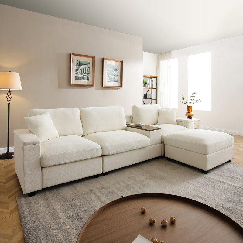 Comfy Cloud Couch: canapé modulaire en forme de L de 120,3 po avec table pliable, rangement, porte-gobelets et 5 sièges, moelleux moelleux, revêtement en lin, plateau rotatif à 360 degrés dans le salon, matériau large avec accoudoirs