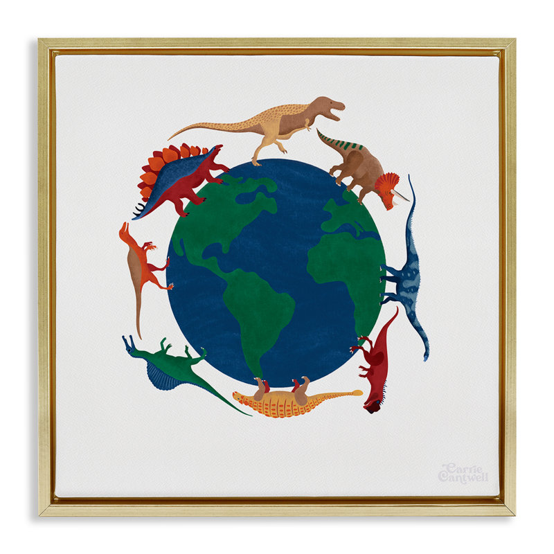 "When Dinos", art mural encadré sur toile flottante par Carrie Cantwell, Cadre flottant métallique doré, H 18 po x l 18 po