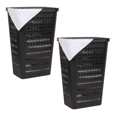  Panier à linge mince avec couvercle, panier à linge avec découpes en croix, léger et ventilé, plastique, ensemble de 2, noir