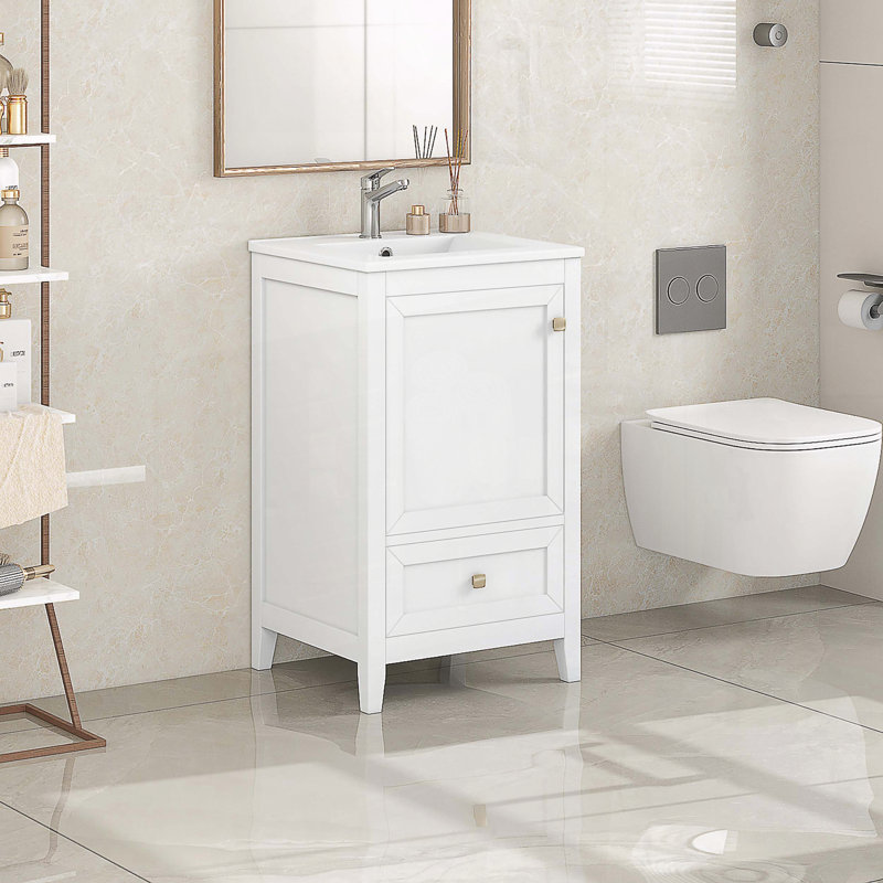 Meuble-lavabo moderne de 20 pouces avec lavabo en céramique et porte à fermeture en douceur, Blanc