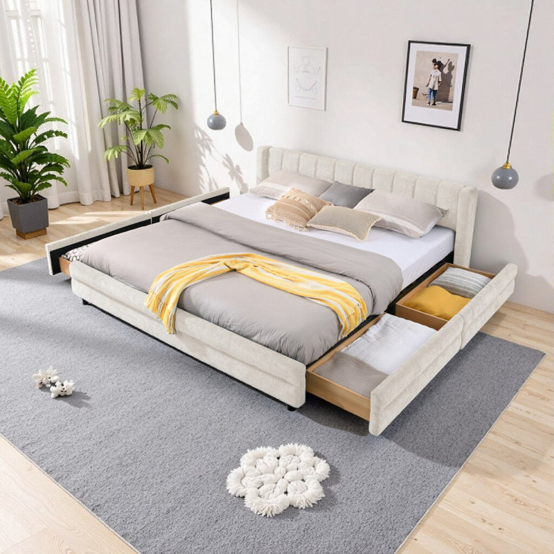 Structure de lit tapissier très grand avec tiroirs de rangement - Tissu chenille beige, conception plateforme moderne (l 86,5 po x L 84 po x H 29,5 po)