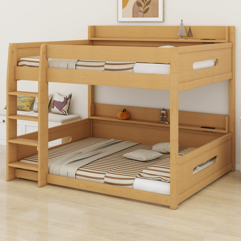 Lit superposé en bois robuste avec tablettes de rangement et station de charge USB, Couleur du bois