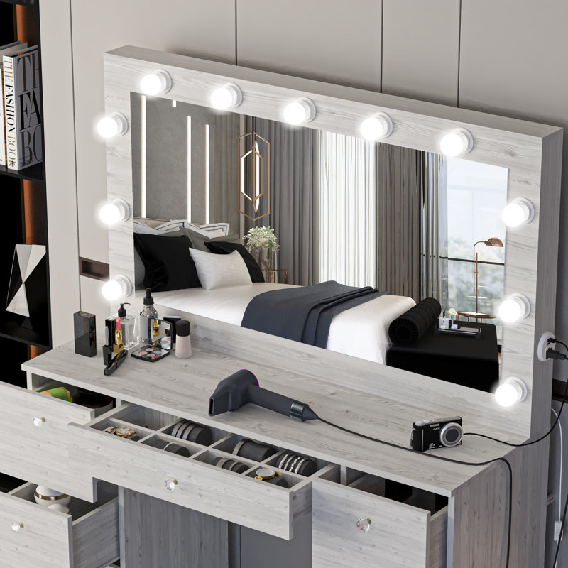 Boahaus Freya Large Vanity Makeup Desk with Wide Mirror, Build-In Lights, 7 Drawers and Power Outlet, Gray/Crystal Knobs