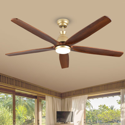 Ventilateur de plafond d'intérieur moderne à 5 pales Lovonza avec télécommande à DEL à finition laiton doux et pales au fini noyer brun 