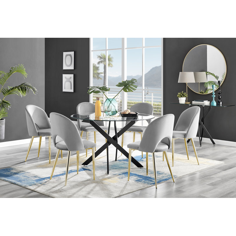 Bernell Modern Glass & Metal Round Dining Table Set & 6 Luxury Velvet Dining Chairs, Grey/Gold