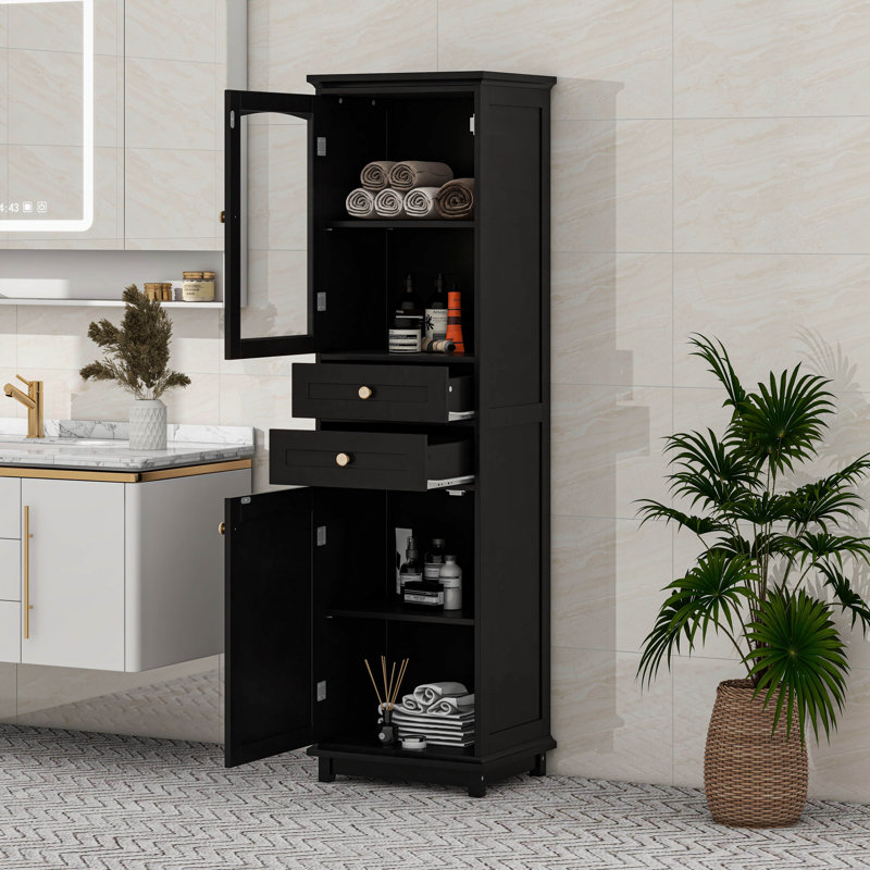 Armoire de rangement pour salle de bain avec portes en verre, deux tiroirs et tablettes réglables, Noir