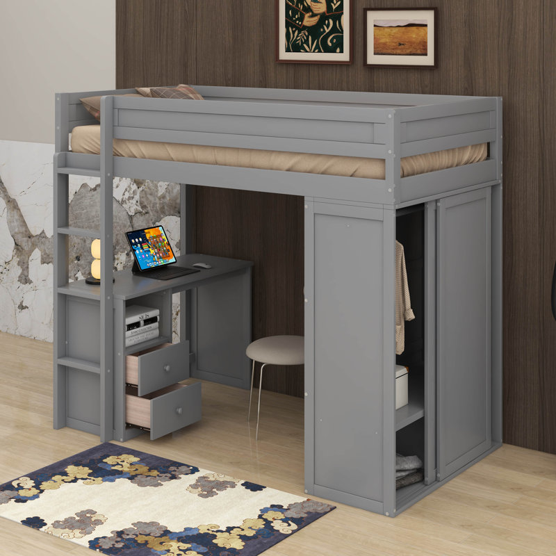 Lit mezzanine avec placards et bureau, Gris, Lit simple