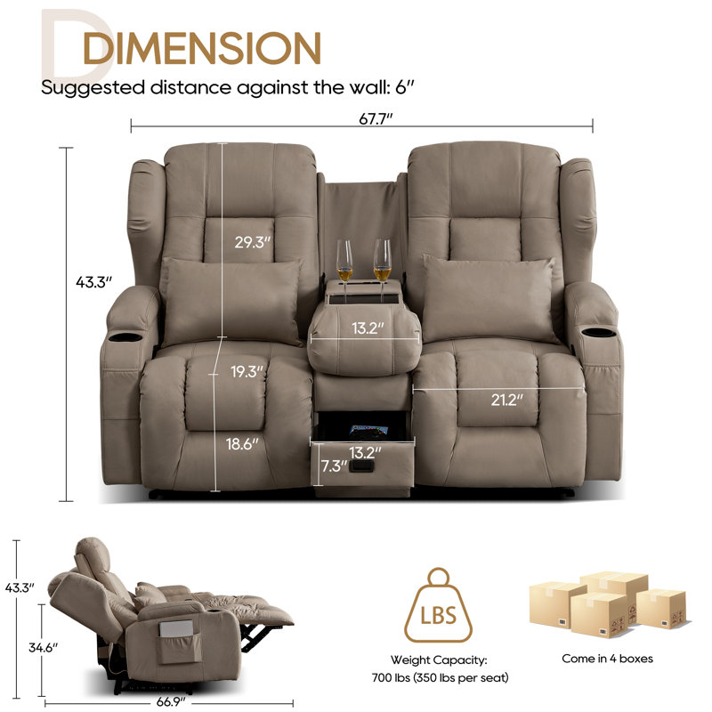 Loveseat Recliner with Flip-Top Storage Console, Manual Double Reclining Sofa with Pockets, Cup Holders, and Pillows