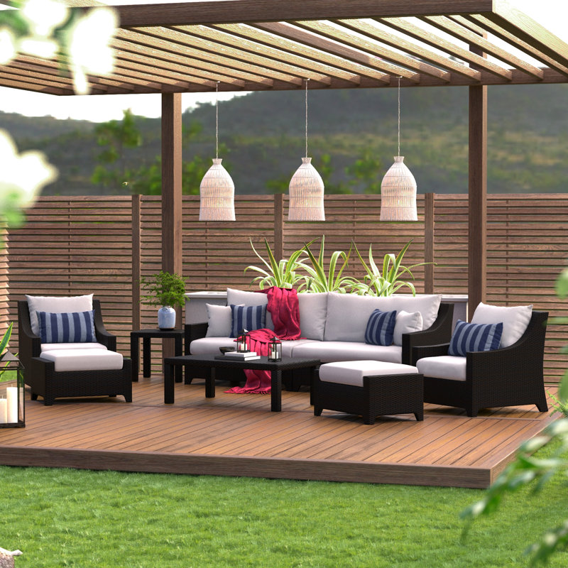 Fionnula 8 Pieces Rattan Sunbrella Sofa Seating Group with Cushions, Centered Ink Stripe