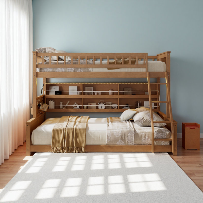 Lit superposé simple au-dessus de grand lit simple avec tablettes intégrées, Brun