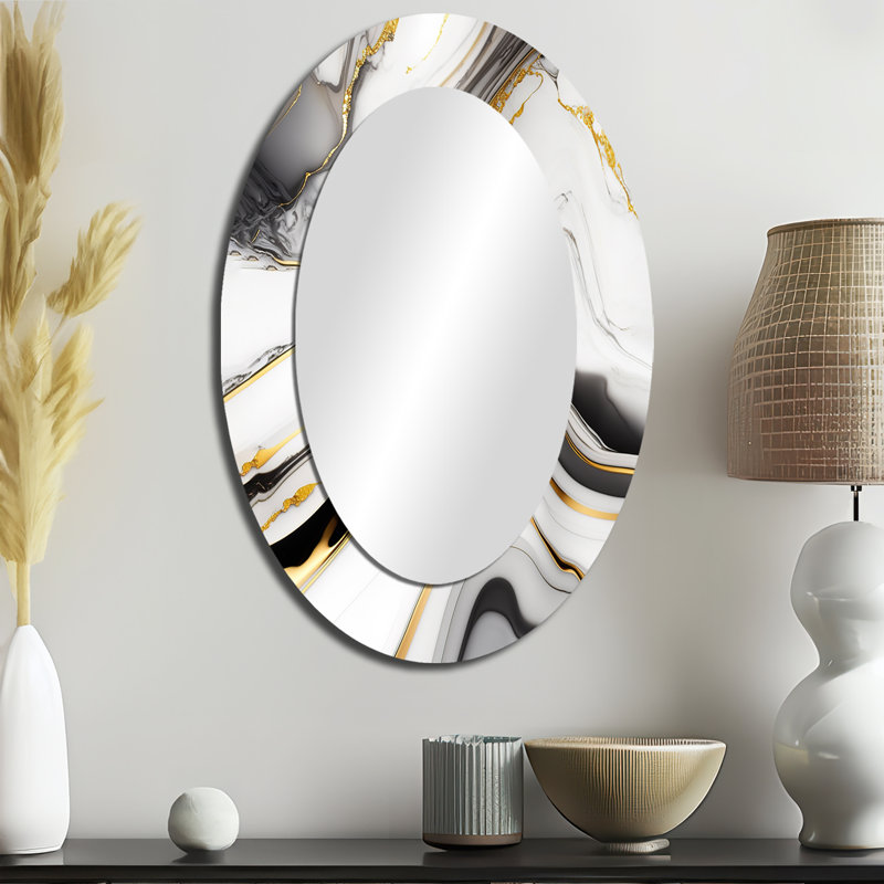 Abstrait géométrique marbre marbre gris IV - Miroir décoratif abstrait ovale sur métal, 36 po x 24 po