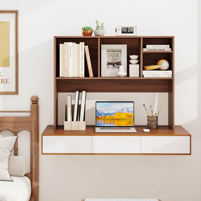 Computer Desktop Bookcase Countertop Storage Bookshelf Organizer with 4 Cubbies Walnut