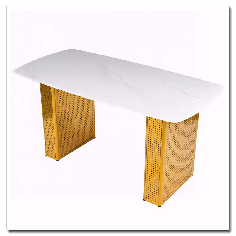 Table de salle à manger rectangulaire moderne en verre trempé avec motif en marbre, Doré
