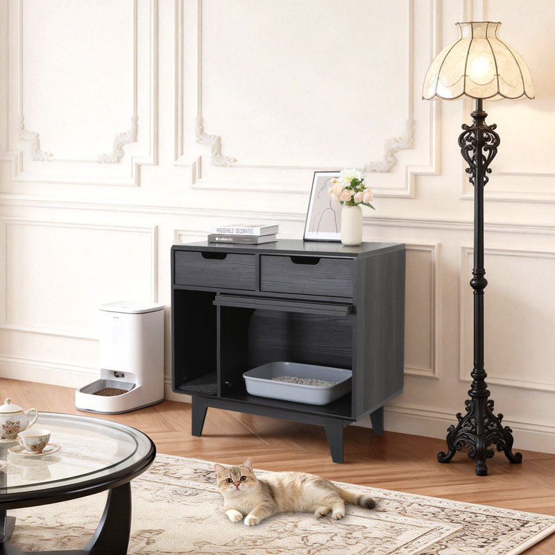 Enceinte de litière, grand meuble de 32 po de hauteur, litière moderne pour chat avec rangement caché, table d'appoint