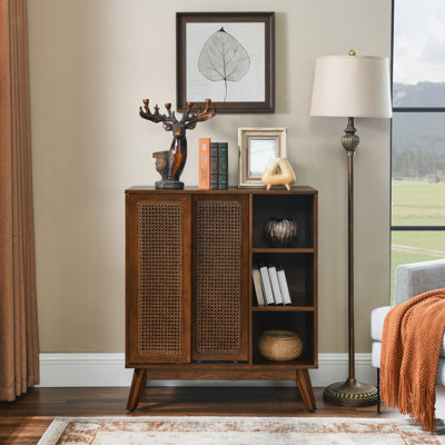 Nicholas Mid Century Modern Rattan Sideboard Cabinet with Adjustable Shelves, Solid Wood Legs