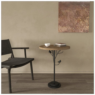 Table d'appoint ronde avec branche d'arbre et piédestal d'oiseau, panneau de fibres à densité moyenne naturel et structure en métal pour les petits espaces, le salon, la chambre à coucher et le bureau