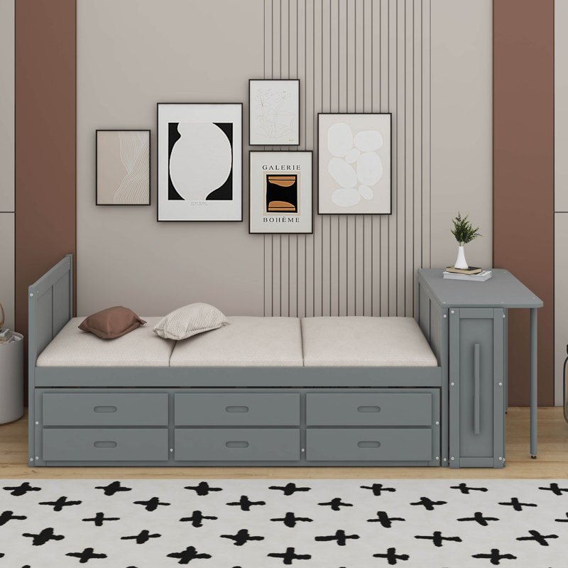 Lit plateforme simple en bois avec bureau et tablette de rangement, Gris