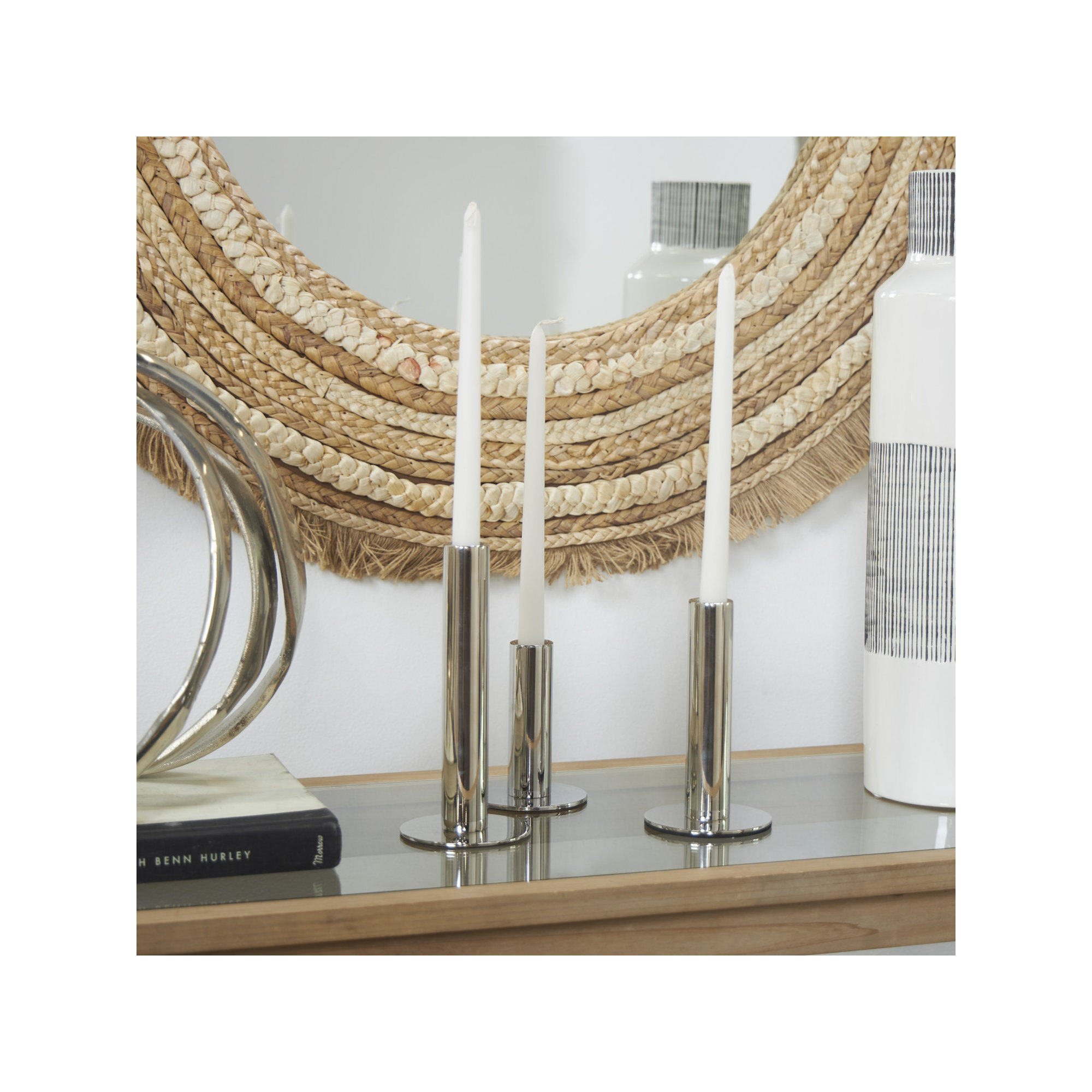 Kage 3 Piece Stainless Steel Tabletop Candlestick Set, Polished Silver