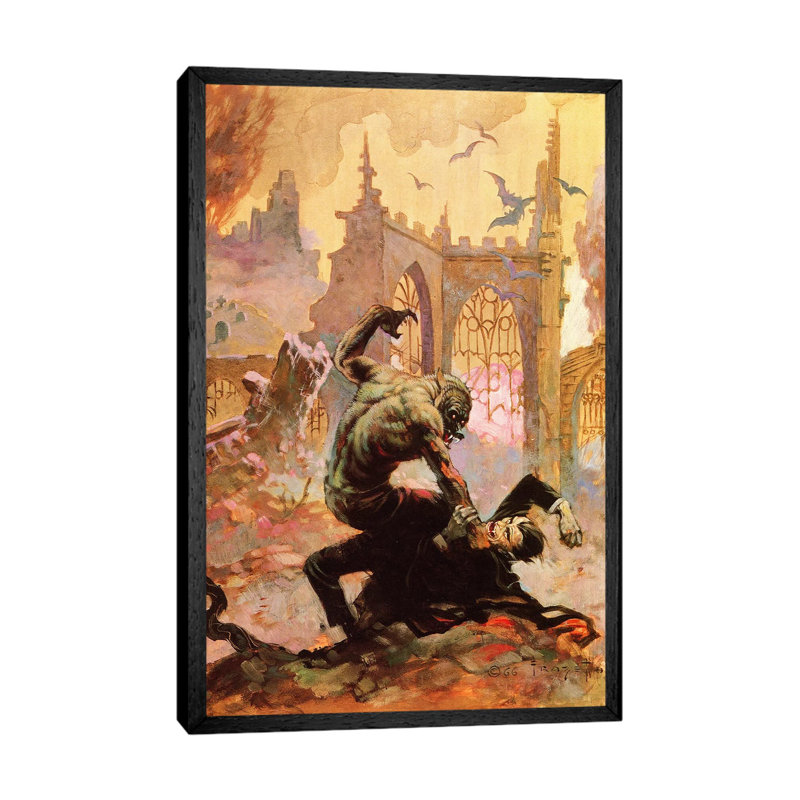 Dracula Vs Wolfman by Frank Frazetta - Print on Canvas, 66.04 cm H x 45.72 cm W, Black Framed Canvas