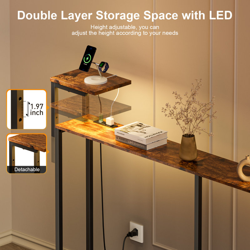  71 Inch Narrow Console Table with Outlet, Behind Couch Table with Double Storage Shelves, Narrow Long Sofa Table with LED Light for Living Room, Entryway Desk for Hallway, Rustic Brown