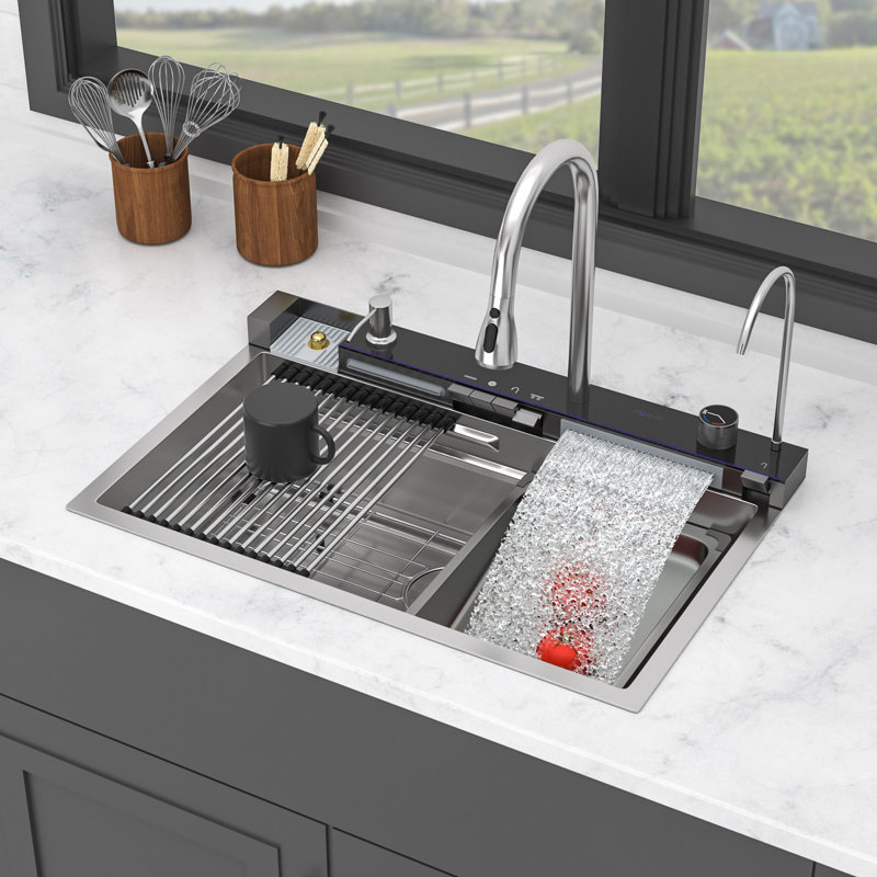 Évier de cuisine à cascade 30 po avec robinet à DEL intelligent, évier de poste de travail en acier inoxydable de calibre 16 avec robinet rétractable et rince-gobelets