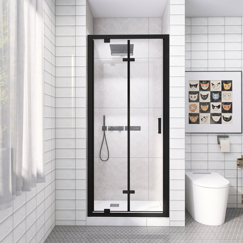 Porte de douche à double pivot 32 po x 72 po à cadre pivotant noir, verre trempé transparent de 1/4 po, enceinte pliante peu encombrante avec poignée en acier inoxydable, installation réversible