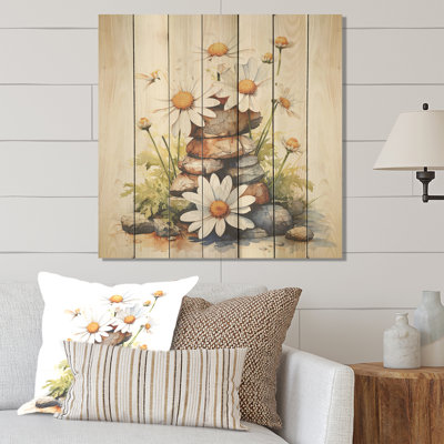 Fleur de marguerite sur pierre calme II - Marguerite sur bois