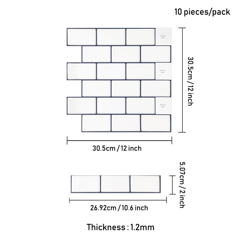 10Pcs Peel and Stick 1.2mm Backsplash Tiles, Grey/White