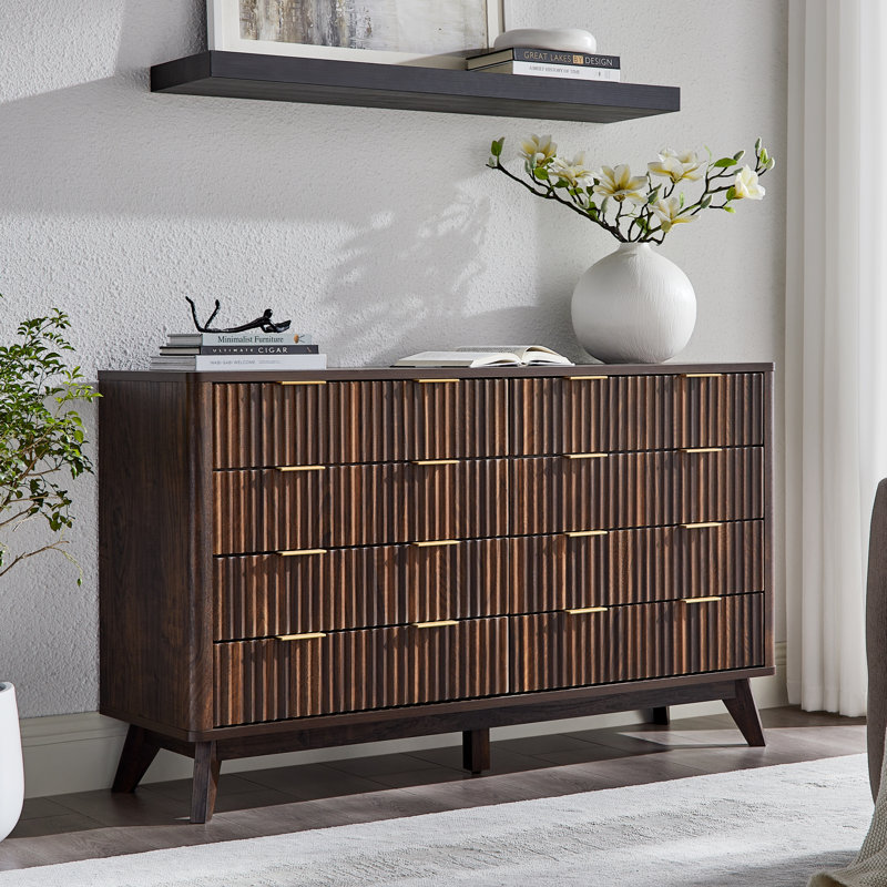 8-drawer Fluted Dresser With Faux Marble Top & Triple-room Storage, Dark Walnut