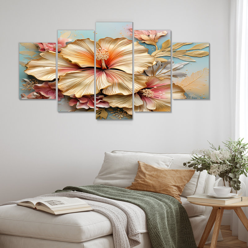 Hibiscus doré à motif de fleurs tropicales sur fond bleu rétro - Hibiscus 5 pièces