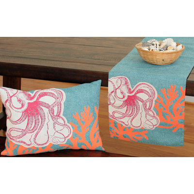 Coastal Applique Octopus with Print Coral Decorative Lumbar Pillow