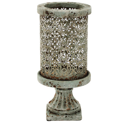 12” Distressed Gray Cement Candle Holder with Cutout Design, Vintage-Inspired Pedestal Stand for Mantel, Tabletop, or Centerpiece 