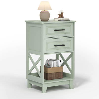 30" Tall Nightstand Modern Painted Wood Bedside Table With 2 Drawers And Open Shelf