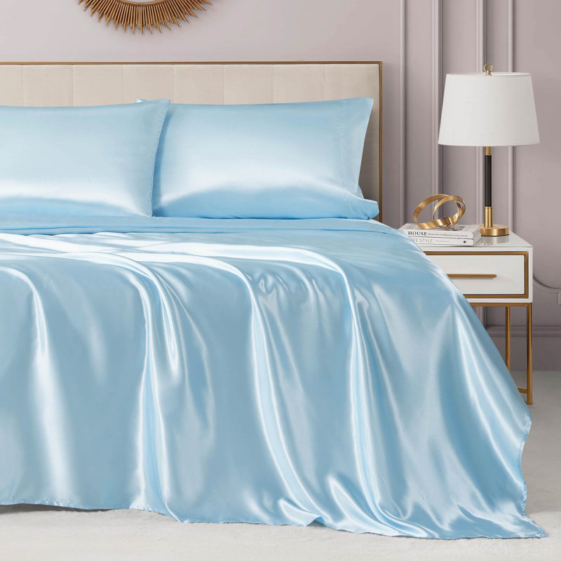 Juicy Couture Premium Silky Satin Sheet Sets, King Sheet Set with 2 Pillowcases, Light Blue