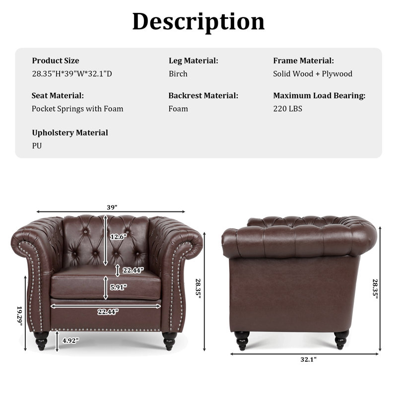 Fauteuil Chesterfield l 39 po Fairport, Similicuir brun foncé