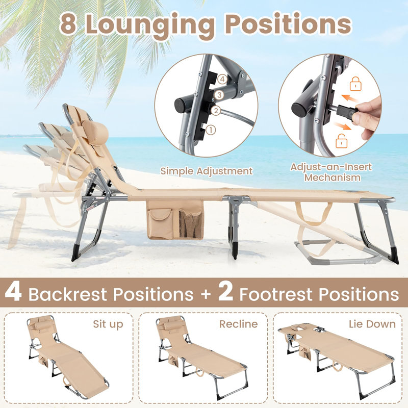 Folding Adjustable Patio Lounge Chair, Gray, Tan