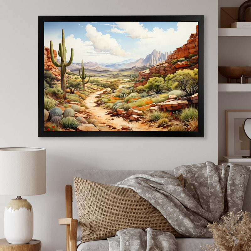 «Mexico Cactus Oasis Impasto II», art mural sur toile, H 24 po x l 32 po, Cadre photo blanc