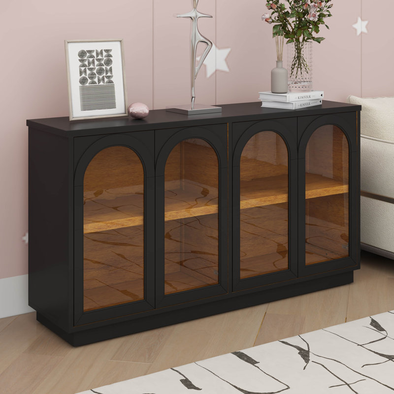 Buffet arqué avec rangement, grande armoire arquée avec portes en verre, Noir