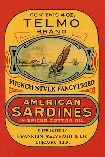« telmo brandst sardines », affiche rétro, H 30 po x l 20 po x P 1,5 po