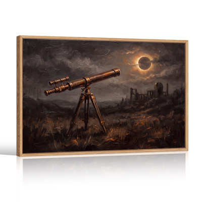 Art mural sur toile, télescope en laiton, visionnement éclipse solaire sur ruines