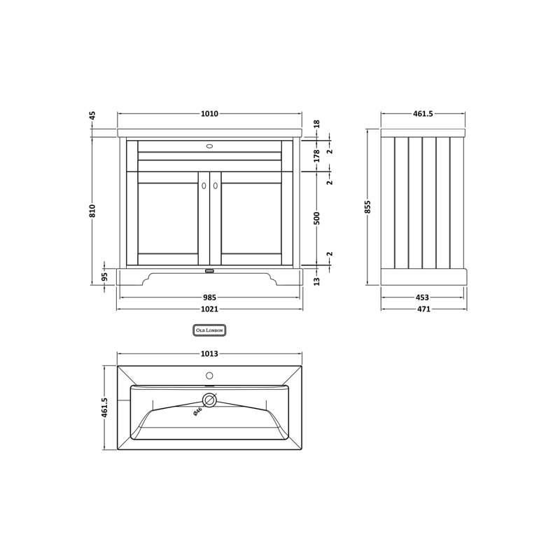 Old London 1000mm Hunter Green 2 Door Floor Standing Vanity Unit With 1 Tap Hole Fireclay Basin