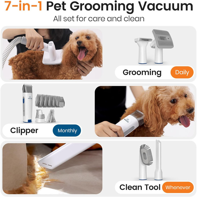 Oneisall LM2 Dog Hair Vacuum & Dog Grooming Kit, 7 in 1 Pet Grooming Vacuum with Pet Clipper,Paw Trimmer,Nail Grinder, Hair Deshedding Brush, Hair Cleaning Tool, 1.5L Dust Cup for Shedding Pet Hair, Home Cleaning