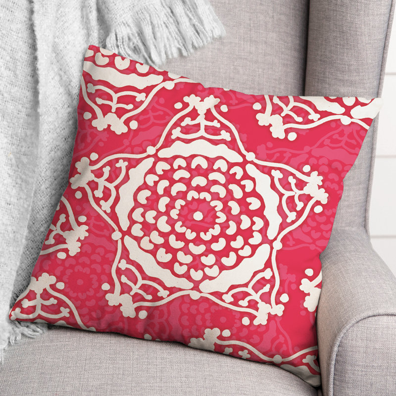 Bright Pink and Cream Spun Polyester Square Throw Pillow