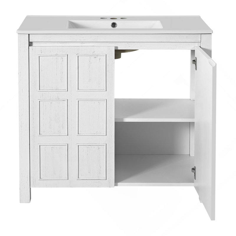 Organisateur de meuble-lavabo 36 po avec lavabo en céramique, ensemble armoire de rangement pour salle de bain, blanc antique