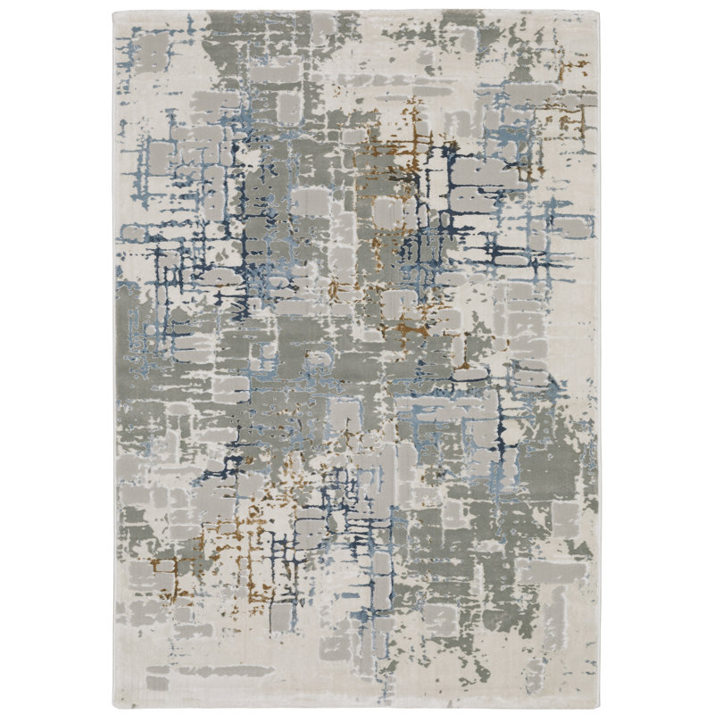 Tapis gris / ivoire / bleu foncé à motif abstrait tissé à la machine 8 pi x 11 pi, Rectangle 9 pi 10 po x 12 pi 10 po